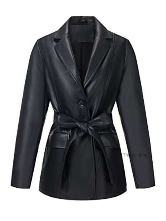 Jackets & Blazers - Faux Leather Blazer Jacket with Removable Belt, Notched Lapel, Vegan PU Coat